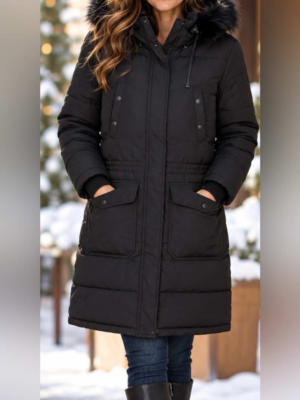 BCBGMAXAZRIA Black Long Puffer Coat Removable Hood Faux Fur Trim Size M